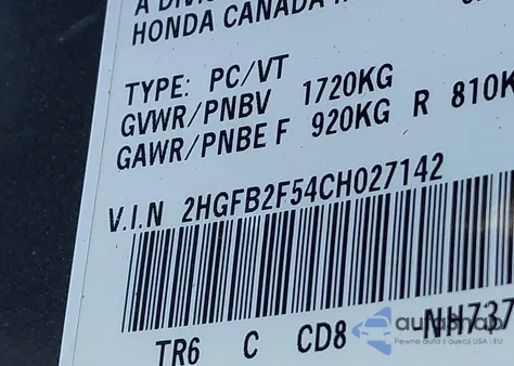2012 Honda Civic Lx z USA, uszkodzony, nr VIN 2HGFB2F54CH027142